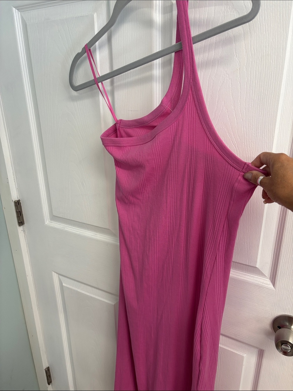 One Shoulder Spaghetti Strap Pink Ribbed Maxi Dress